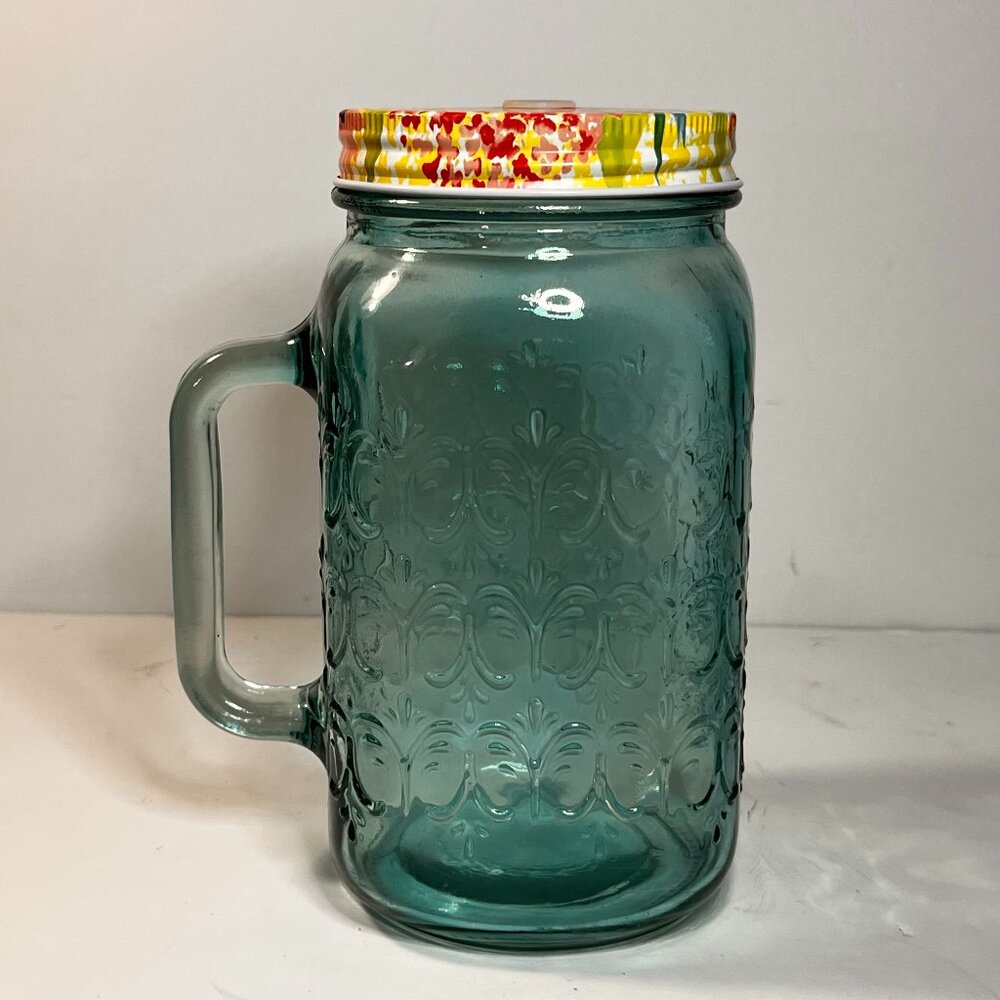 The Pioneer Woman SUNNY DAYS 32oz Glass Mason Jar Mug w/ Metal Lid Turquoise
